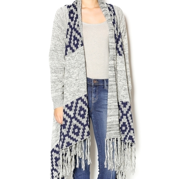 VINTAGE HAVANA TRIBAL FRINGE DUSTER NAVY & GRAY, SZ LARGE - Picture 1 of 14